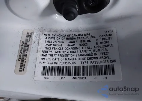 2018 Honda Civic Ex из США, поврежденный, VIN 2HGFC2F70JH515905